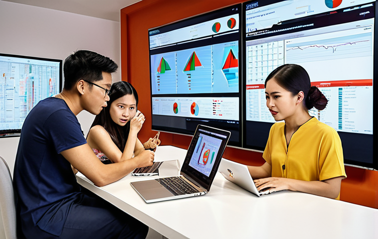 **

A vibrant, eye-level shot of a diverse team of Thai professionals (media planner, designer) collaboratively working on a modern advertising campaign in a trendy Bangkok co-working space.  Digital screens display data dashboards and creative visuals.  Emphasis on teamwork and the fusion of data analysis with artistic design for impactful advertising. The atmosphere is energetic and innovative.

**
