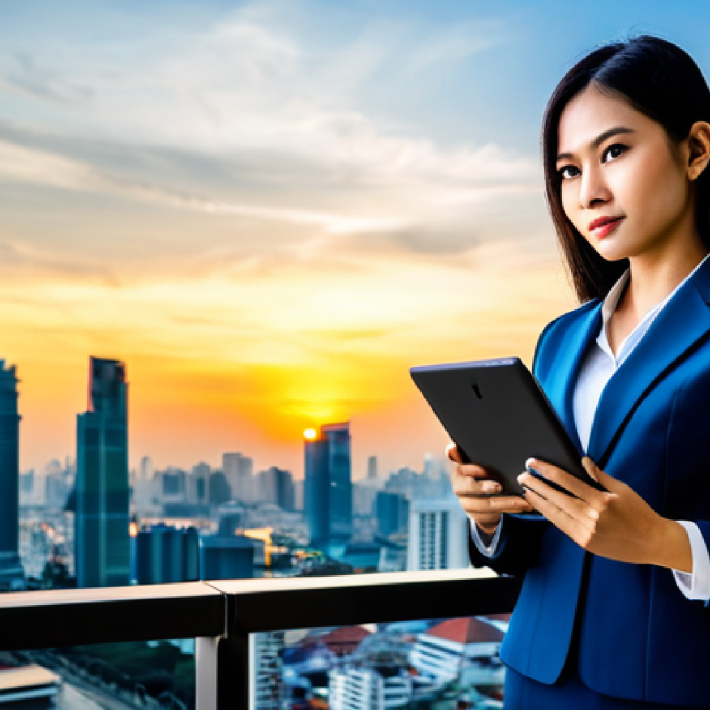**
"A confident Thai businesswoman in a modern, fully clothed business suit, standing in front of the Bangkok skyline at sunset, holding a tablet displaying business analytics. Professional attire, safe for work, perfect anatomy, natural proportions, high-quality photograph, family-friendly."
**