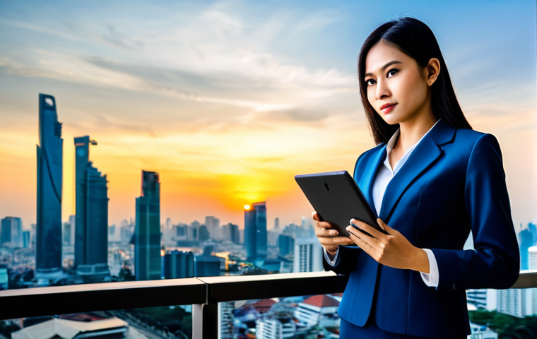 **

"A confident Thai businesswoman in a modern, fully clothed business suit, standing in front of the Bangkok skyline at sunset, holding a tablet displaying business analytics. Professional attire, safe for work, perfect anatomy, natural proportions, high-quality photograph, family-friendly."

**