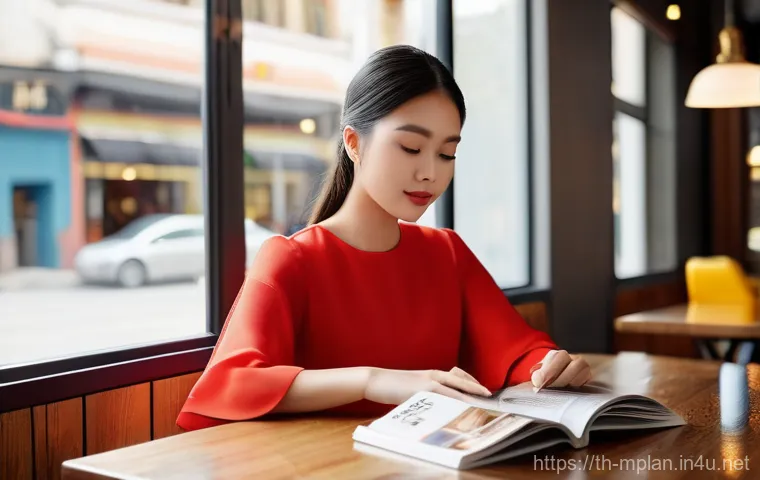 미디어 플래너의 인쇄 광고 전략 - **Prompt:** A young Thai woman, elegantly dressed in a chic, modest outfit, sits comfortably in a br...