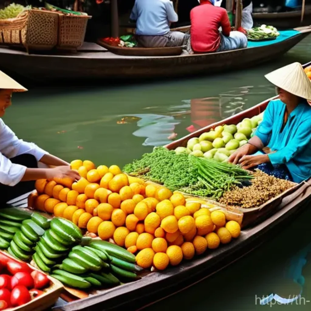 미디어 플래너와 마케팅 예산 협상 - **Prompt:** A vibrant and bustling floating market in Thailand, filled with longtail boats overflowi...