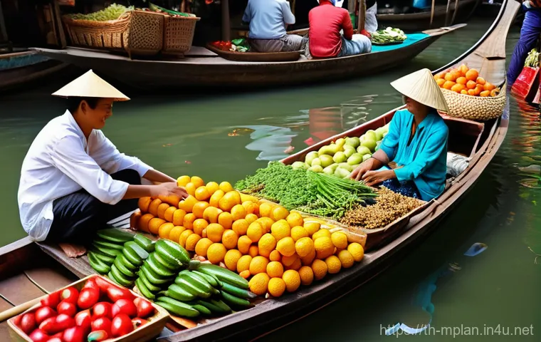 미디어 플래너와 마케팅 예산 협상 - **Prompt:** A vibrant and bustling floating market in Thailand, filled with longtail boats overflowi...