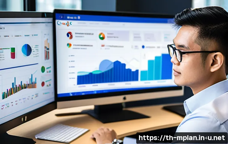 미디어 플래너 경력 전환 가이드 - A professional Thai digital media planner working in a modern office environment, analyzing data on ...