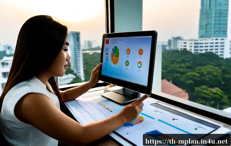 미디어 플래너와 디지털 광고 트렌드 - Photorealistic media planner working at a clean modern desk in Bangkok, reviewing colorful abstract ...