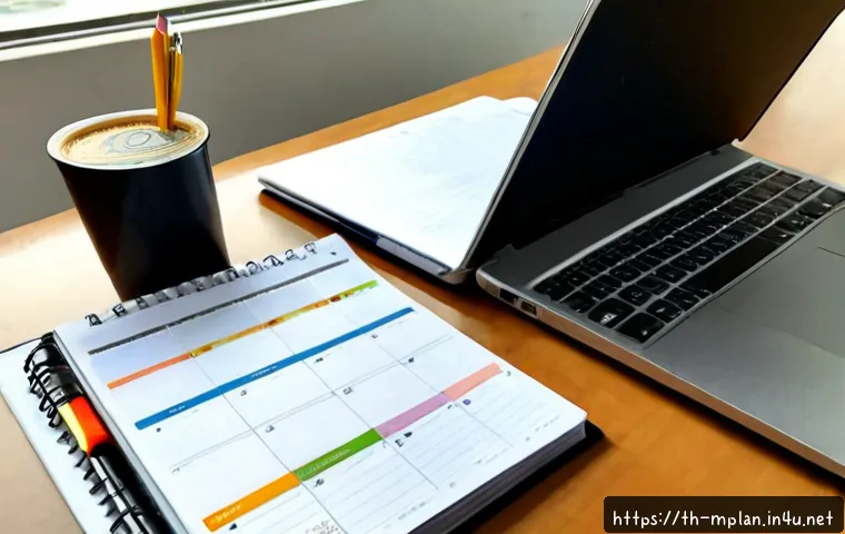 Home 17 미디어 플래너의 업무 일지 작성 팁 - Photorealistic Thai media planner at a clean Bangkok office desk, organizing a daily work journal wi...